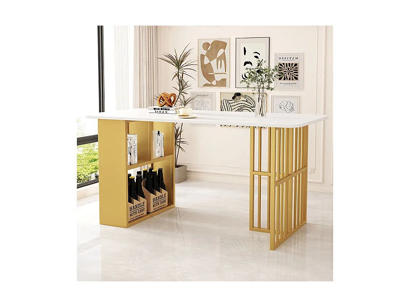 Mesa de jantar moderna de MDF com 6 lugares e armazenamento em branco e dourado