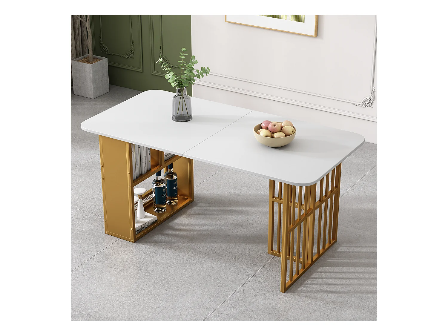 Mesa de jantar moderna de MDF com 6 lugares e armazenamento em branco e dourado