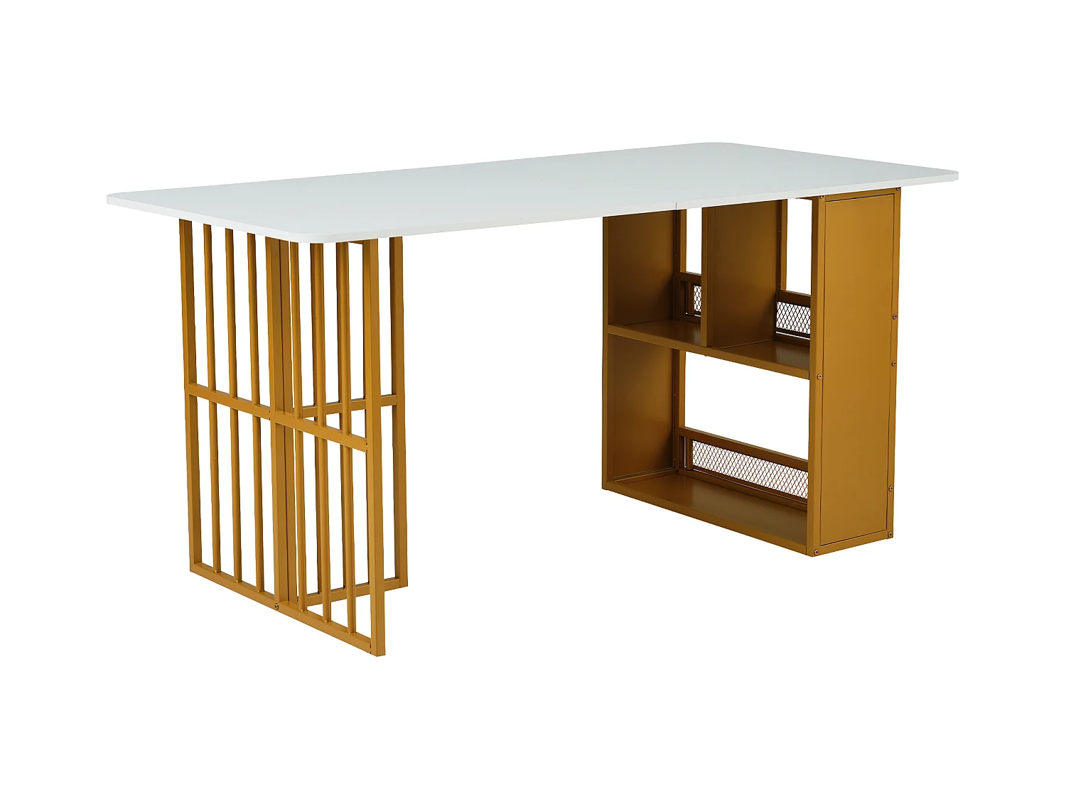 Mesa de jantar moderna de MDF com 6 lugares e armazenamento em branco e dourado