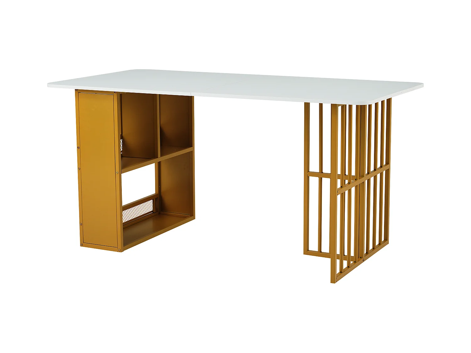 Mesa de jantar moderna de MDF com 6 lugares e armazenamento em branco e dourado