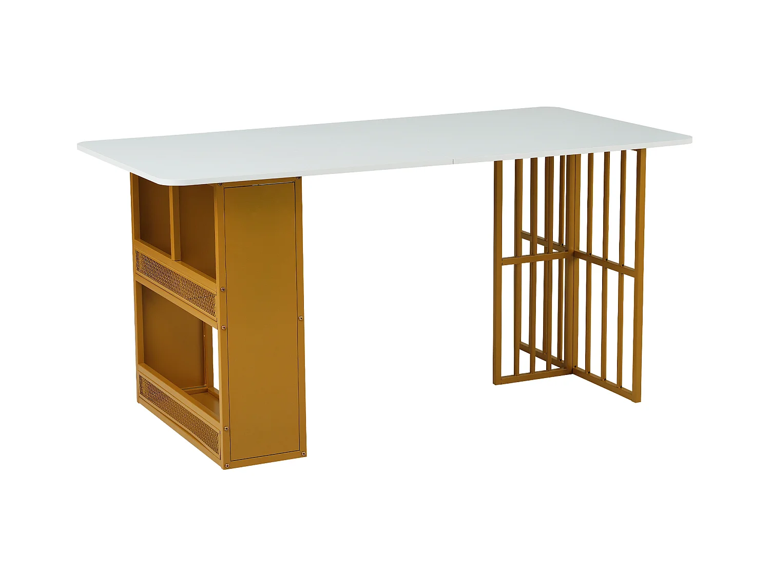Mesa de jantar moderna de MDF com 6 lugares e armazenamento em branco e dourado