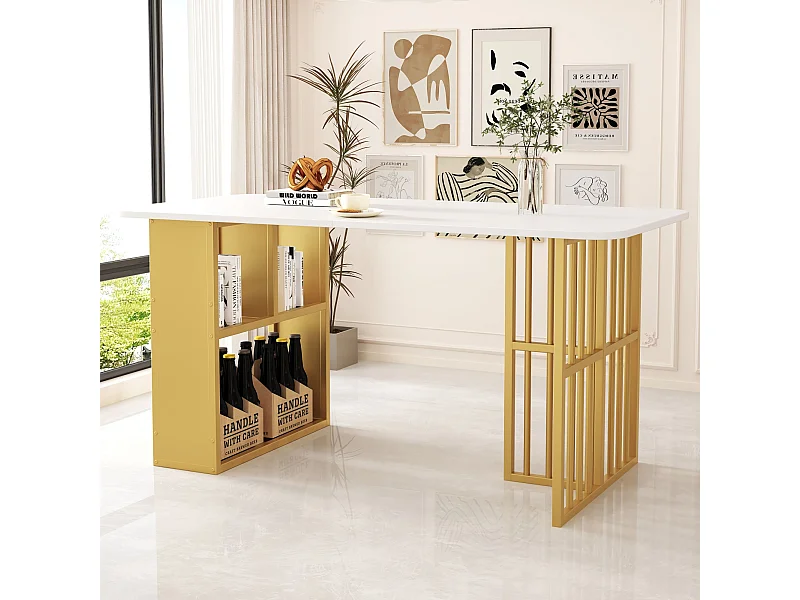 Mesa de jantar moderna de MDF com 6 lugares e armazenamento em branco e dourado