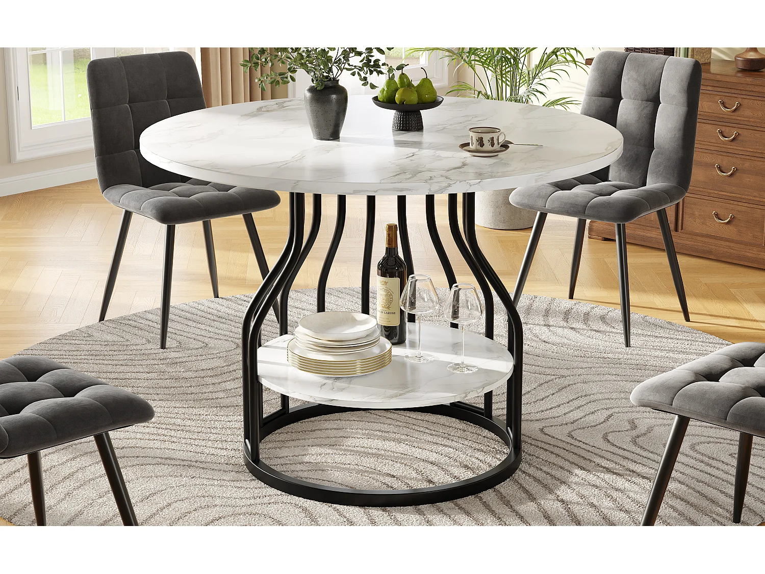 Mesa redonda 80×80×76cm MDF mármol almacenaje metal cocina salón negro