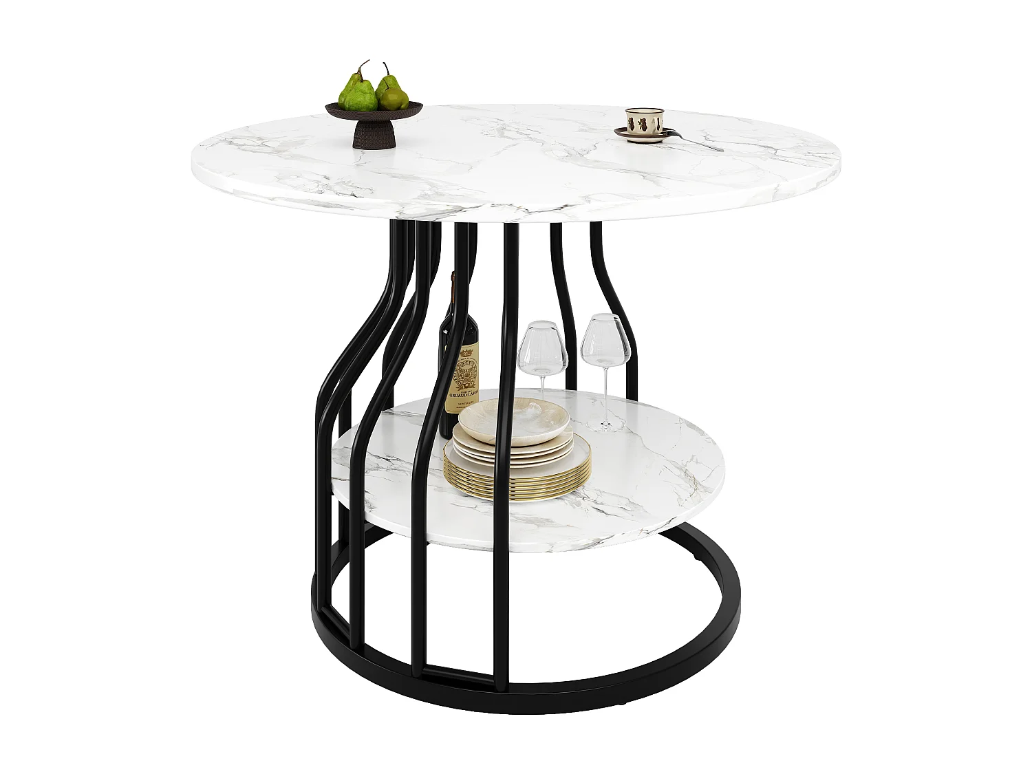 Mesa redonda 80×80×76cm MDF mármol almacenaje metal cocina salón negro