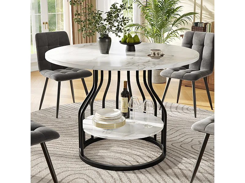 Mesa redonda 80×80×76cm MDF mármol almacenaje metal cocina salón negro