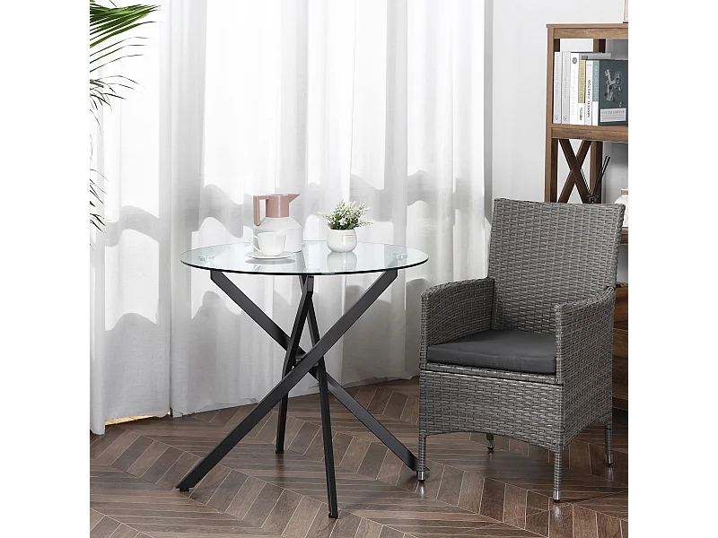 Mesa de Centro Redonda de Cristal Templado y Metal 80x80x75 cm Salón Cocina Moderna Negra