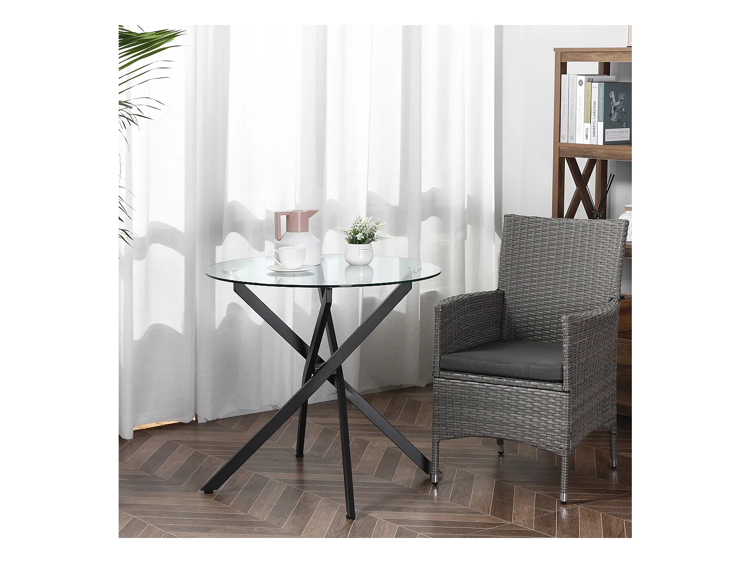 Mesa de Centro Redonda de Cristal Templado y Metal 80x80x75 cm Salón Cocina Moderna Negra