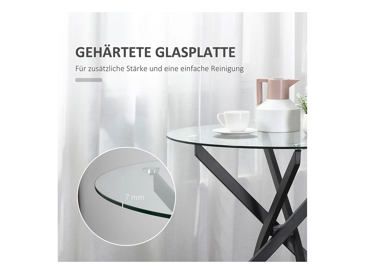 Mesa de Centro Redonda de Cristal Templado y Metal 80x80x75 cm Salón Cocina Moderna Negra