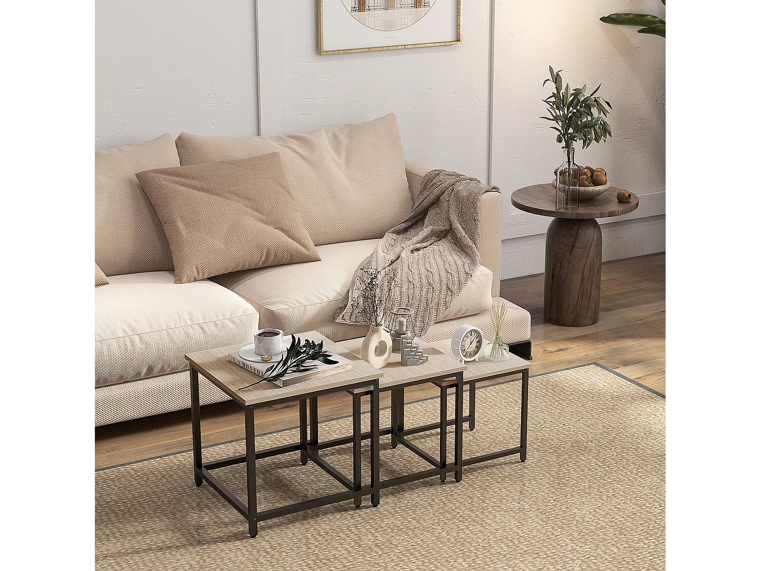 Conjunto de 3 mesas de centro de madera y acero, mesas nido para salón y comedor, estilo natural 45x45 cm