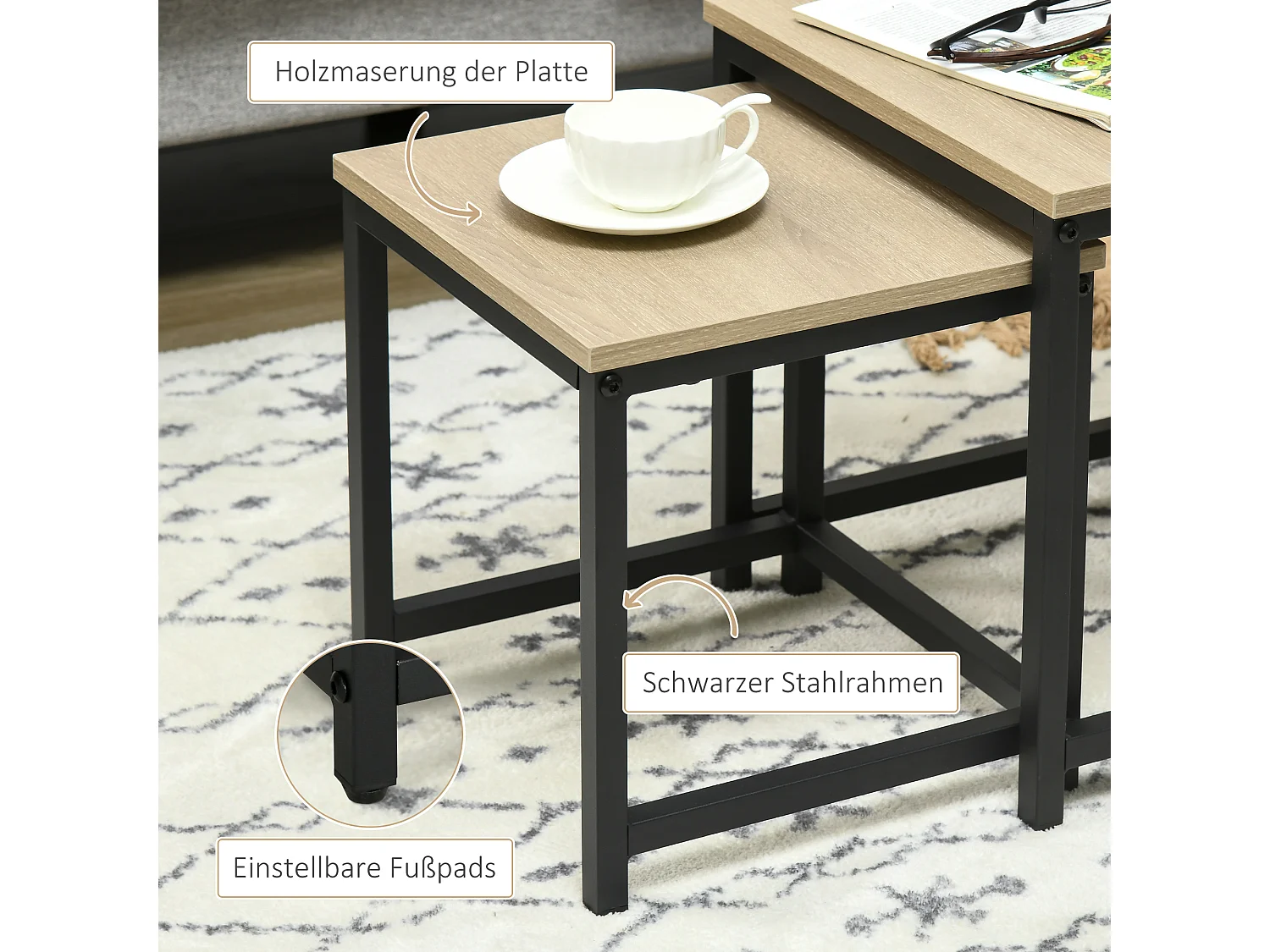 Conjunto de 3 mesas de centro de madera y acero, mesas nido para salón y comedor, estilo natural 45x45 cm