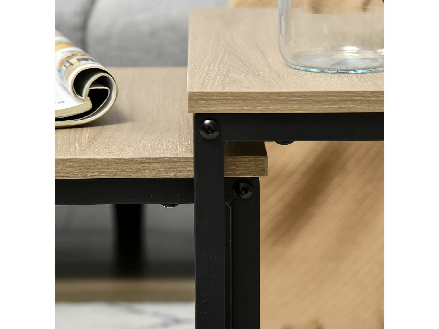 Conjunto de 3 mesas de centro de madera y acero, mesas nido para salón y comedor, estilo natural 45x45 cm