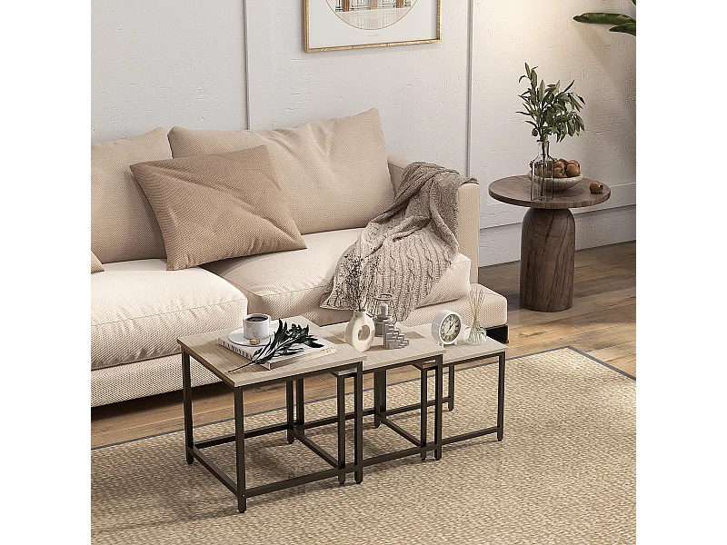Conjunto de 3 mesas de centro de madeira e aço, mesas de encastrar para sala de estar e sala de jantar, estilo natural 45x45 cm