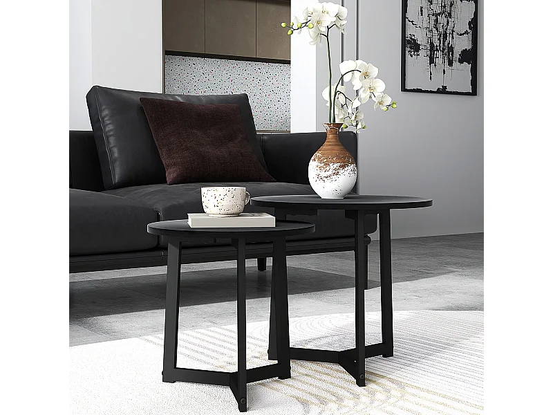 Conjunto de 2 Mesas de Centro Redondas Aço MDF Sala Quarto Preto com Tampo Empilhável