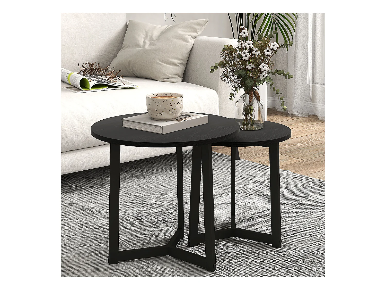 Set 2 Tavoli Bassi Ronde Acier MDF Salon Chambre Noir avec Plateau Emilable