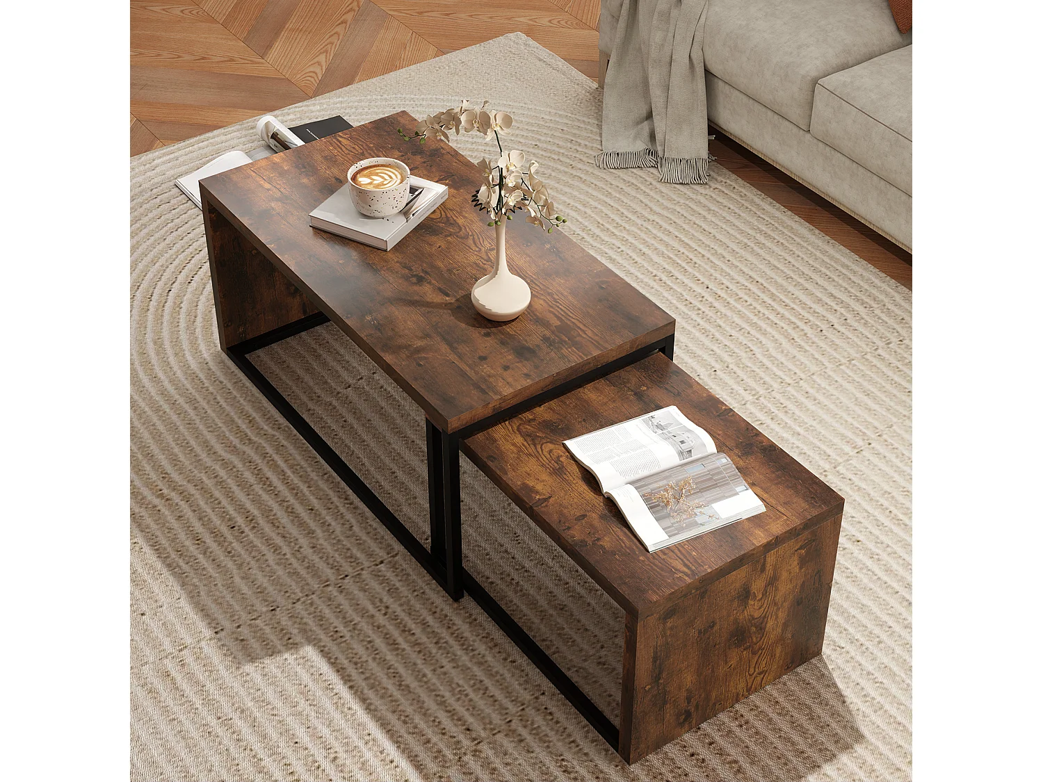 Set tavolini bassi MDF e metallo 2 pezzi salone camera noir design moderno