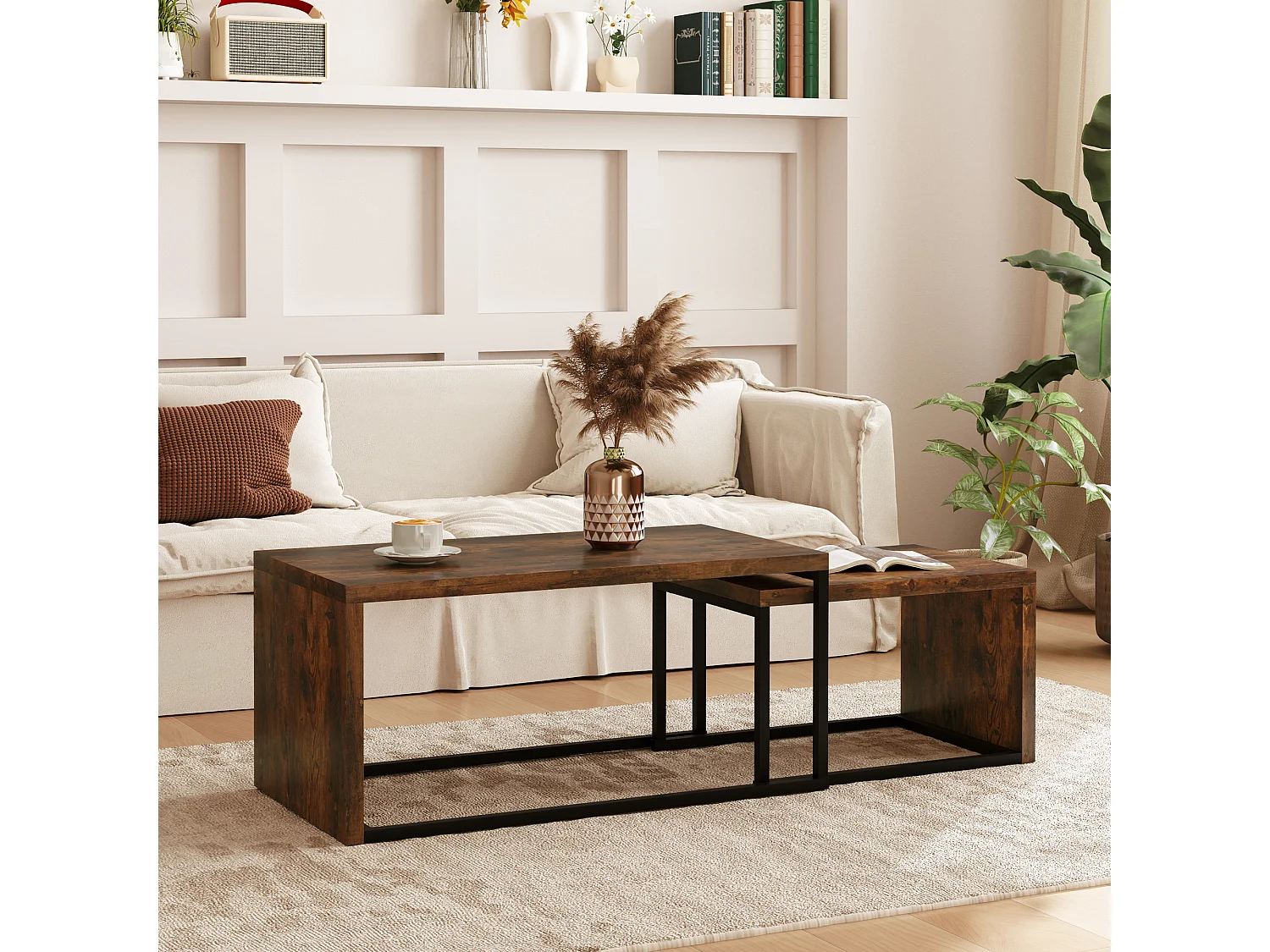 Set tavolini bassi MDF e metallo 2 pezzi salone camera noir design moderno