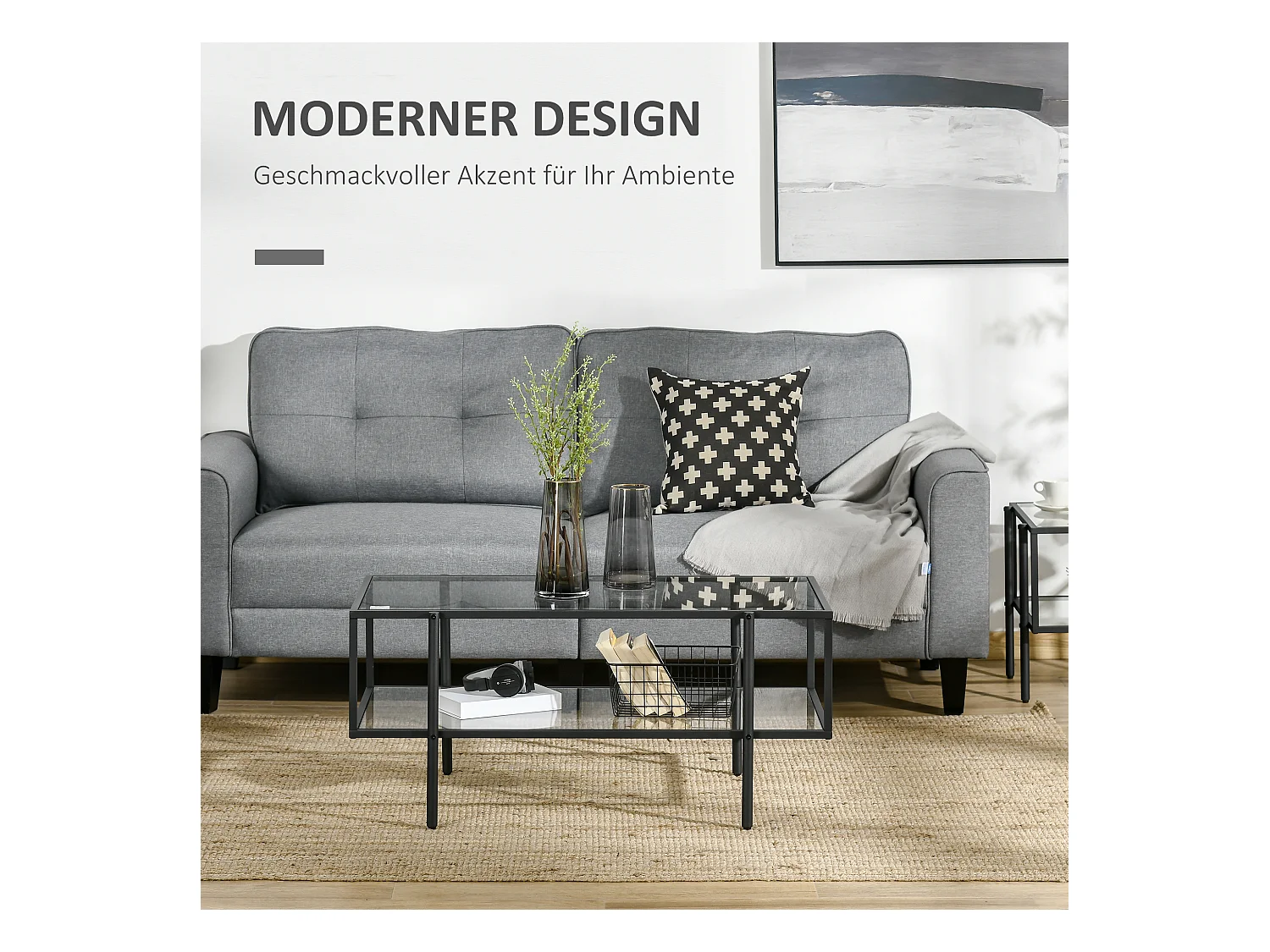 Mesa auxiliar de cristal con 3 estantes de acero negro, mesa de centro para salón 100x55x45,5 cm