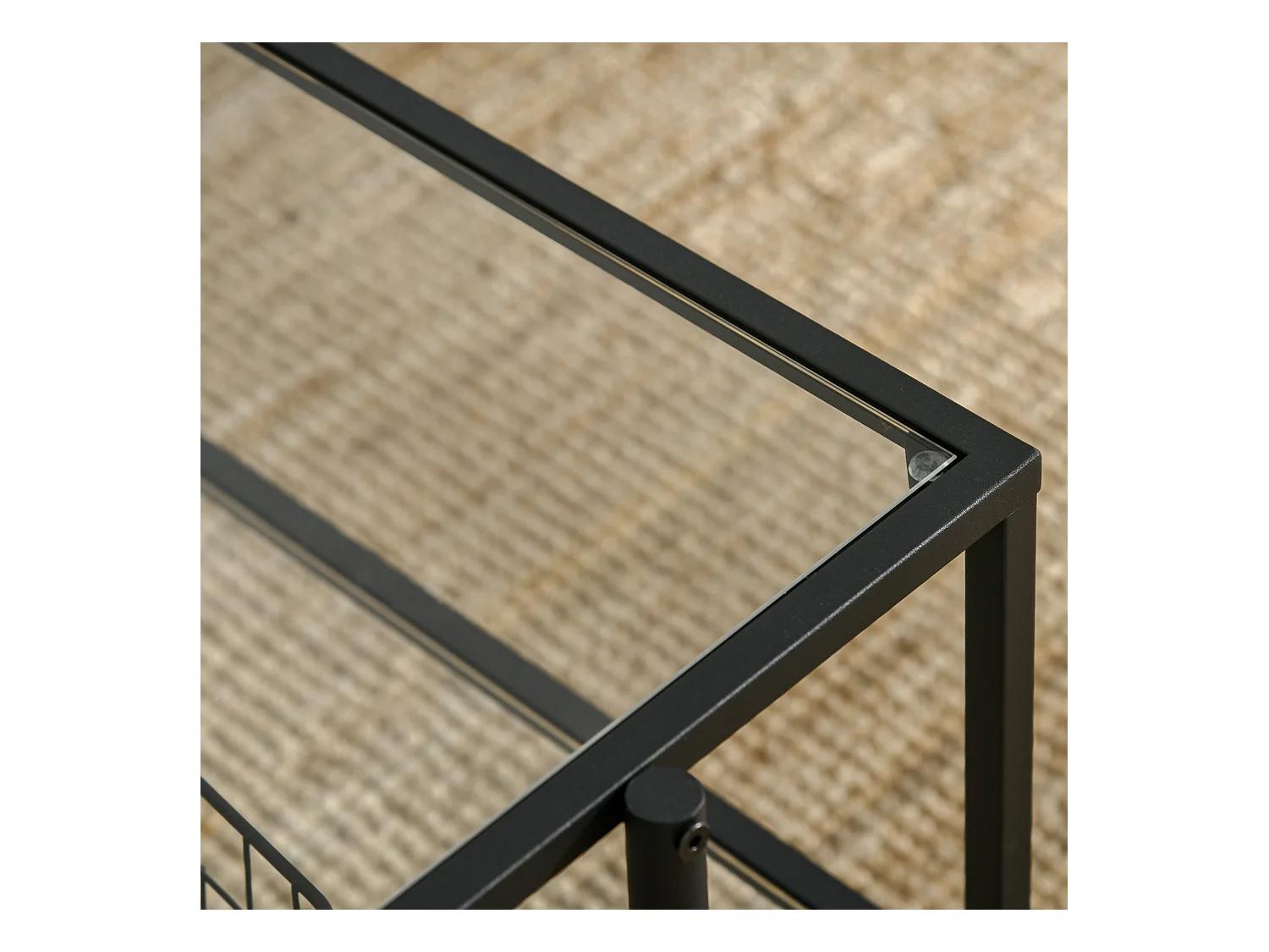 Mesa auxiliar de cristal con 3 estantes de acero negro, mesa de centro para salón 100x55x45,5 cm