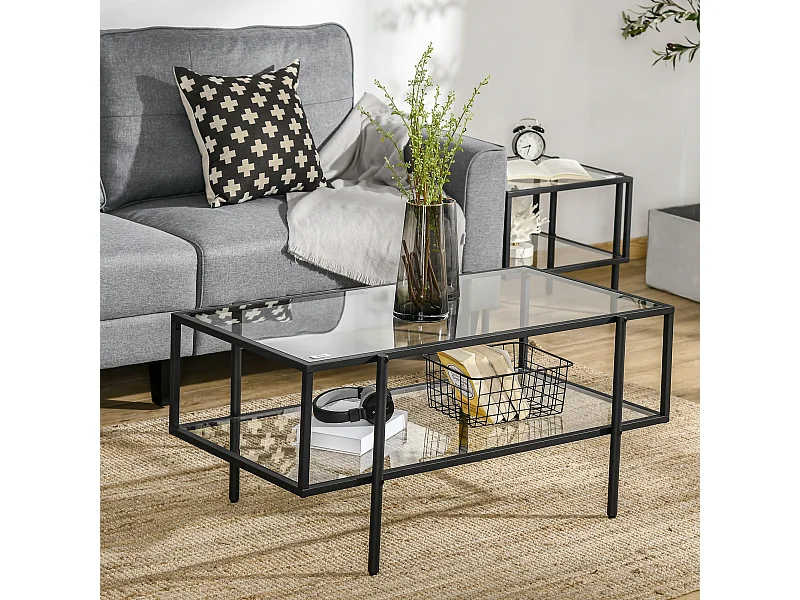 Mesa lateral de vidro com 3 prateleiras de aço preto, mesa de centro para sala de estar 100x55x45,5 cm