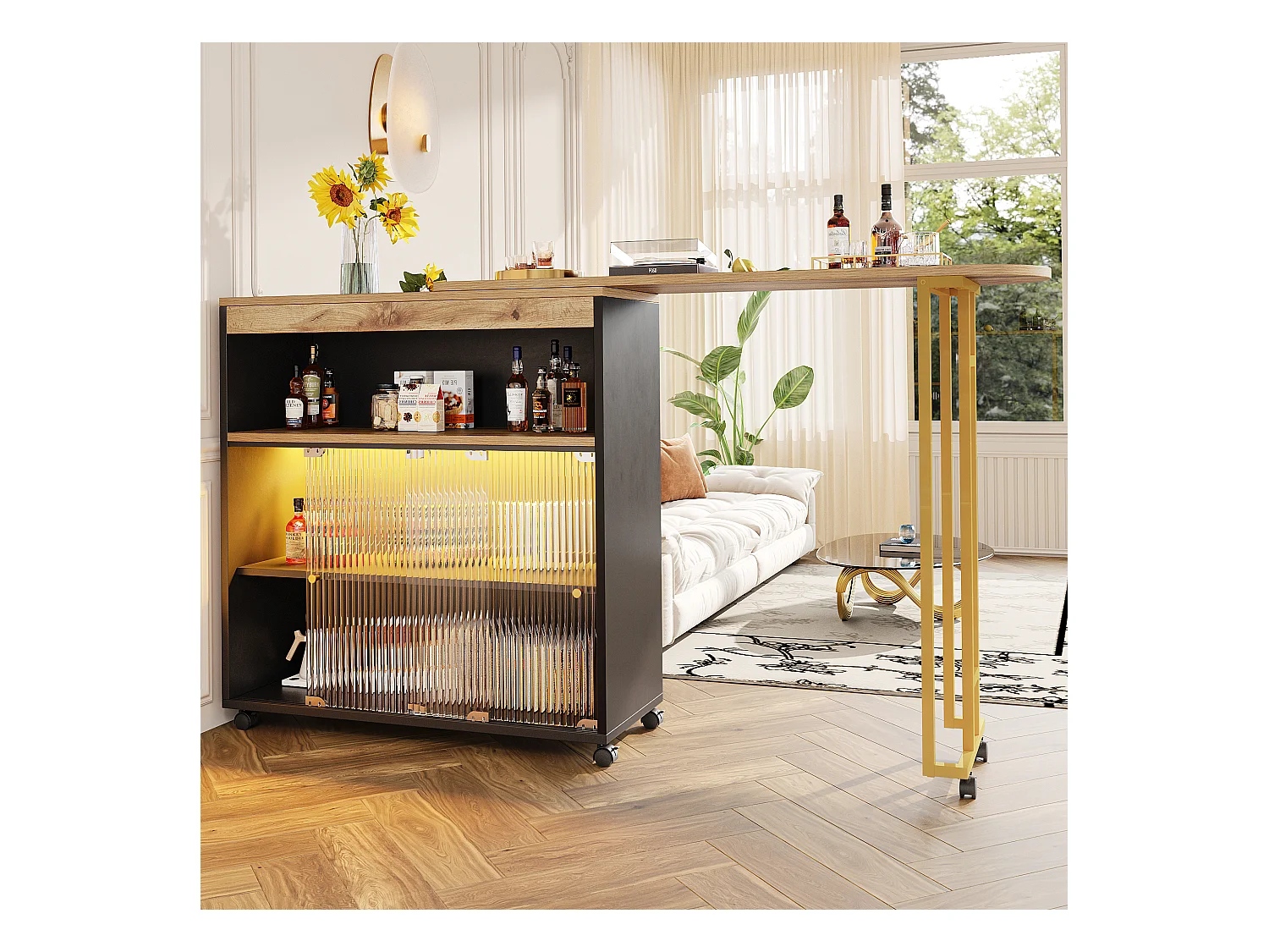 Tavolo bar allungabile MDF métal LED noir 138-204 cm rangement cucina salone