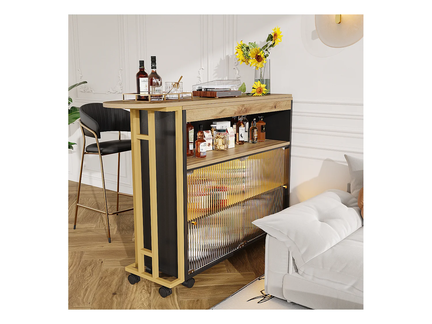 Tavolo bar allungabile MDF métal LED noir 138-204 cm rangement cucina salone