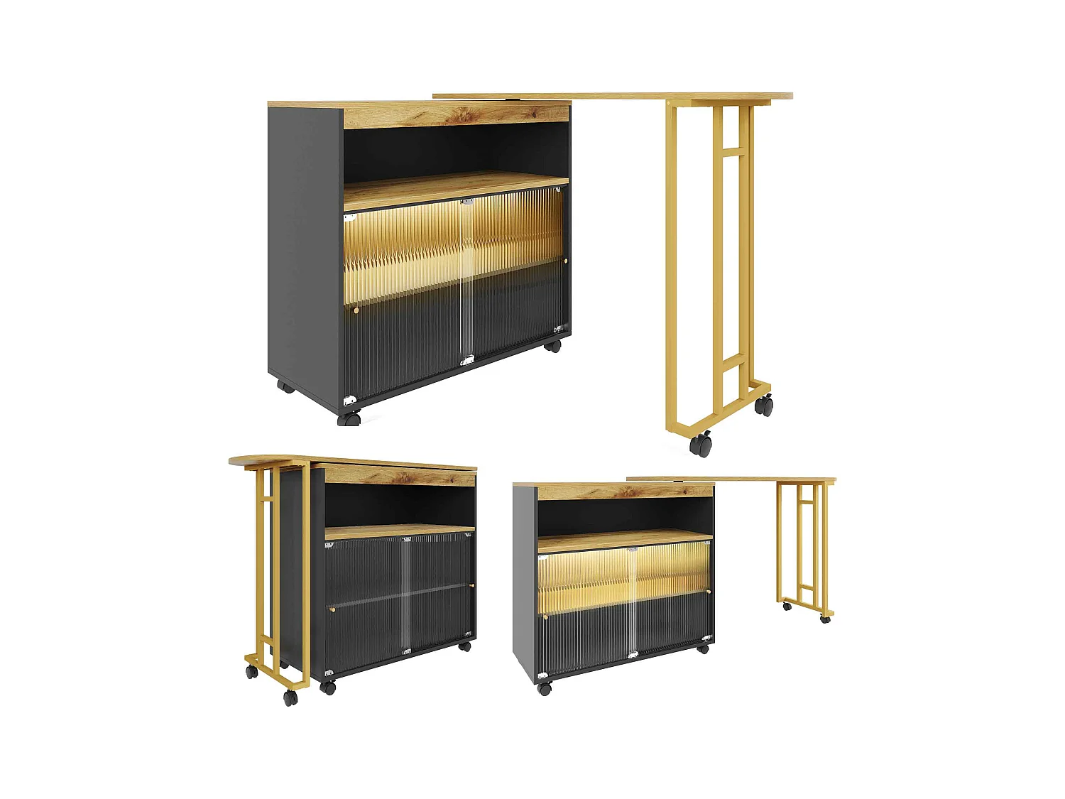 Tavolo bar allungabile MDF métal LED noir 138-204 cm rangement cucina salone