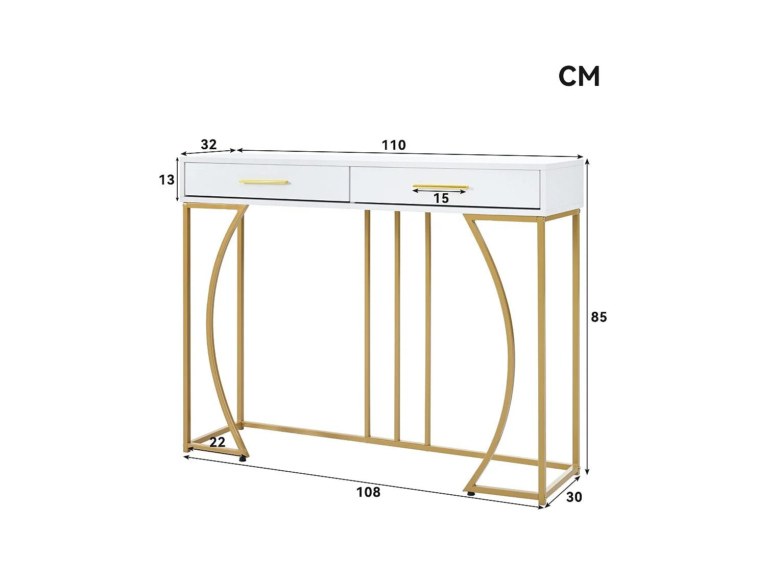 Consolle MDF metallo con 2 cassetti salon couloir blanc doré 120x38x76 cm