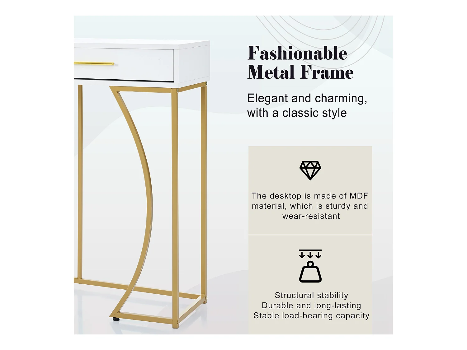 Consolle MDF metallo con 2 cassetti salon couloir blanc doré 120x38x76 cm