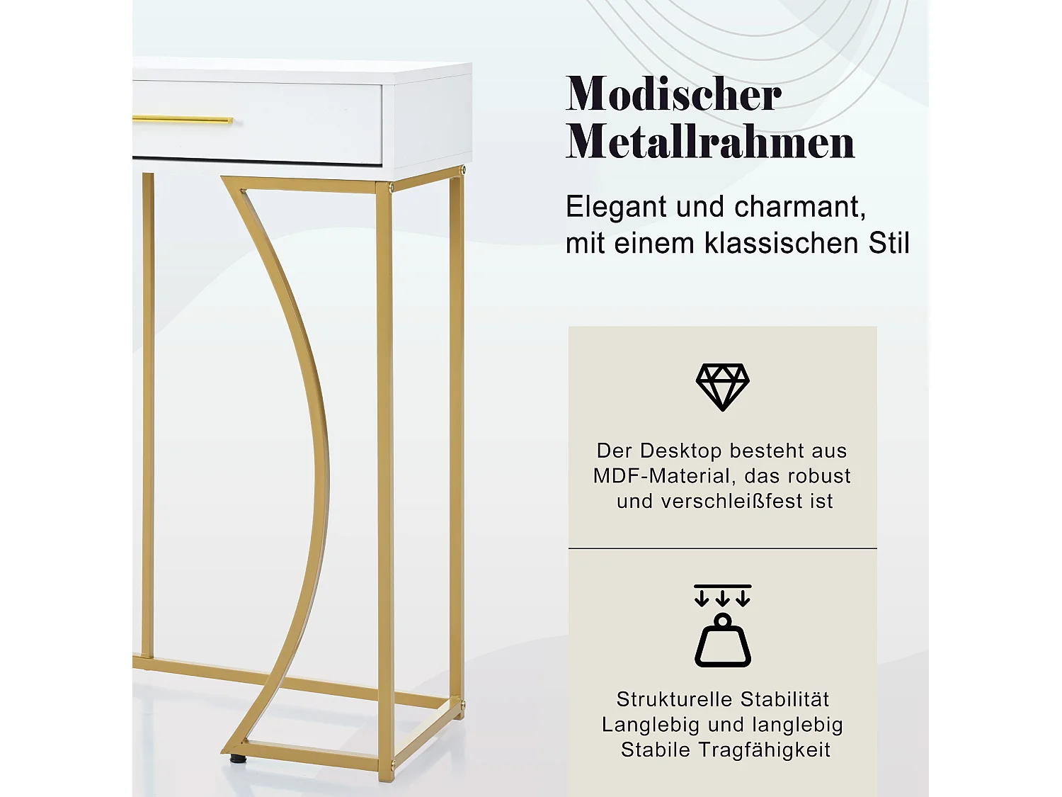 Consolle MDF metallo con 2 cassetti salon couloir blanc doré 120x38x76 cm