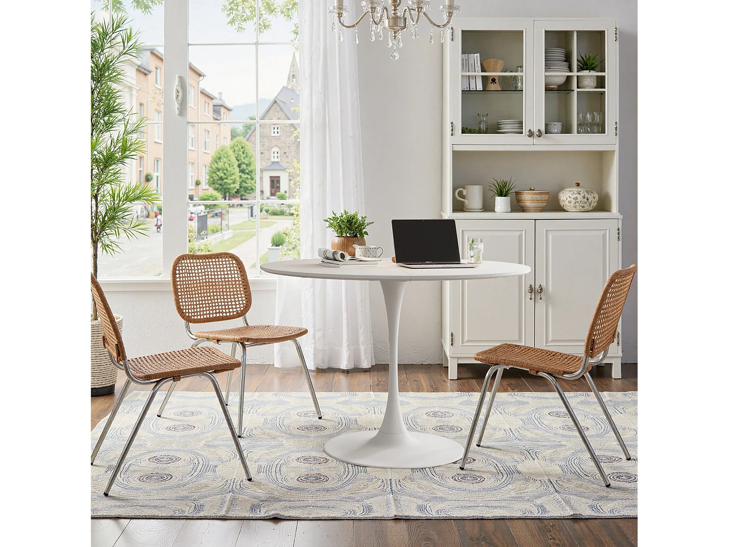 Mesa redonda de MDF e metal 120 cm com tampo efeito madeira branca para sala de jantar