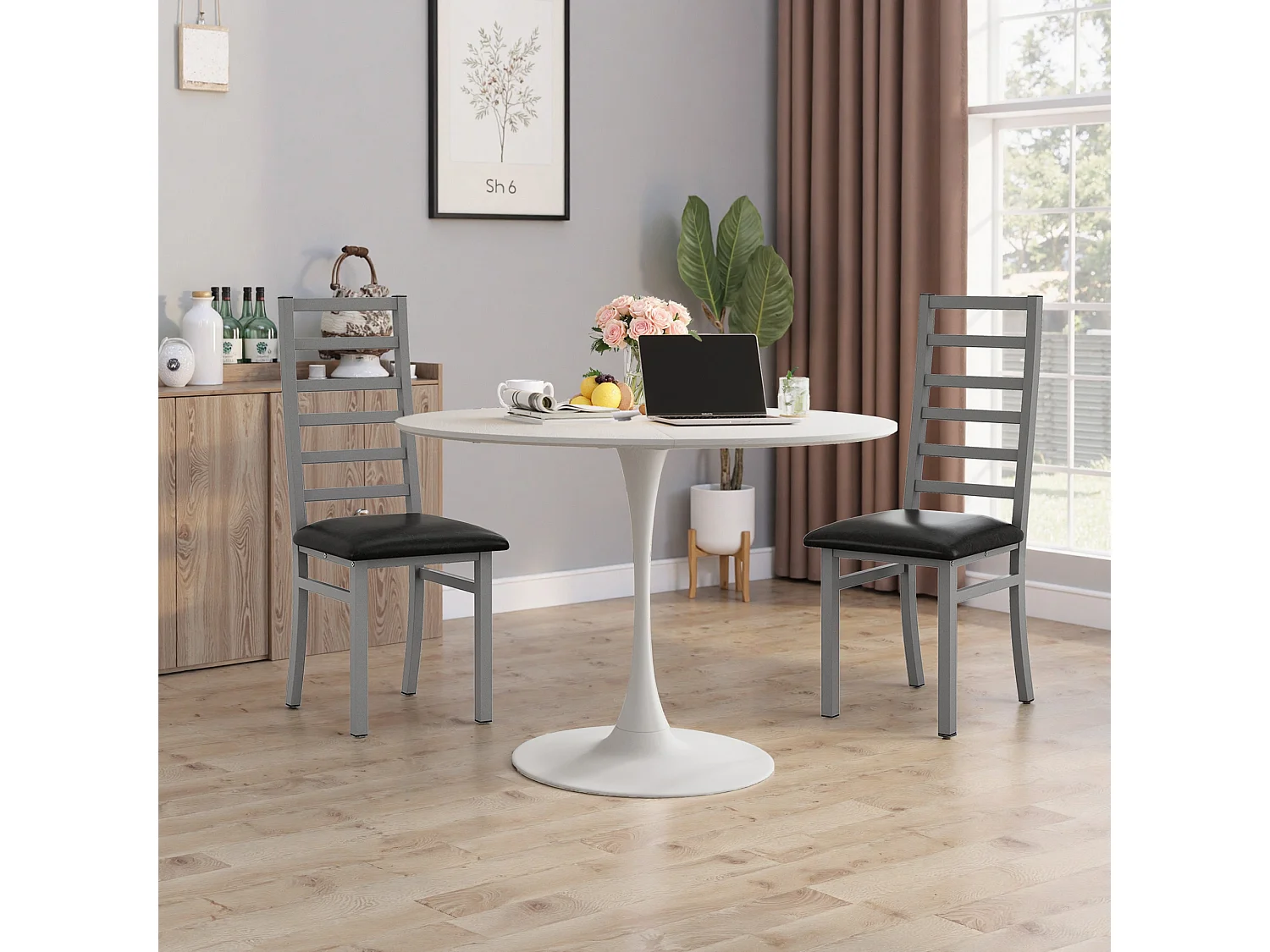 Mesa redonda de MDF e metal 120 cm com tampo efeito madeira branca para sala de jantar