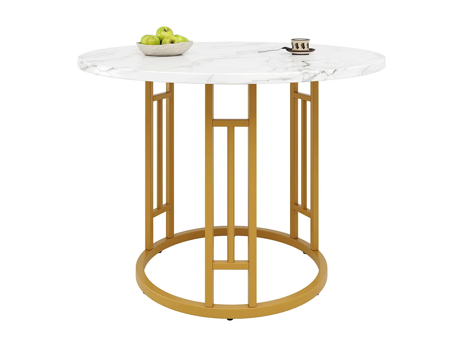 Mesa redonda 80×80×76cm MDF imitación mármol metal dorado salón cocina