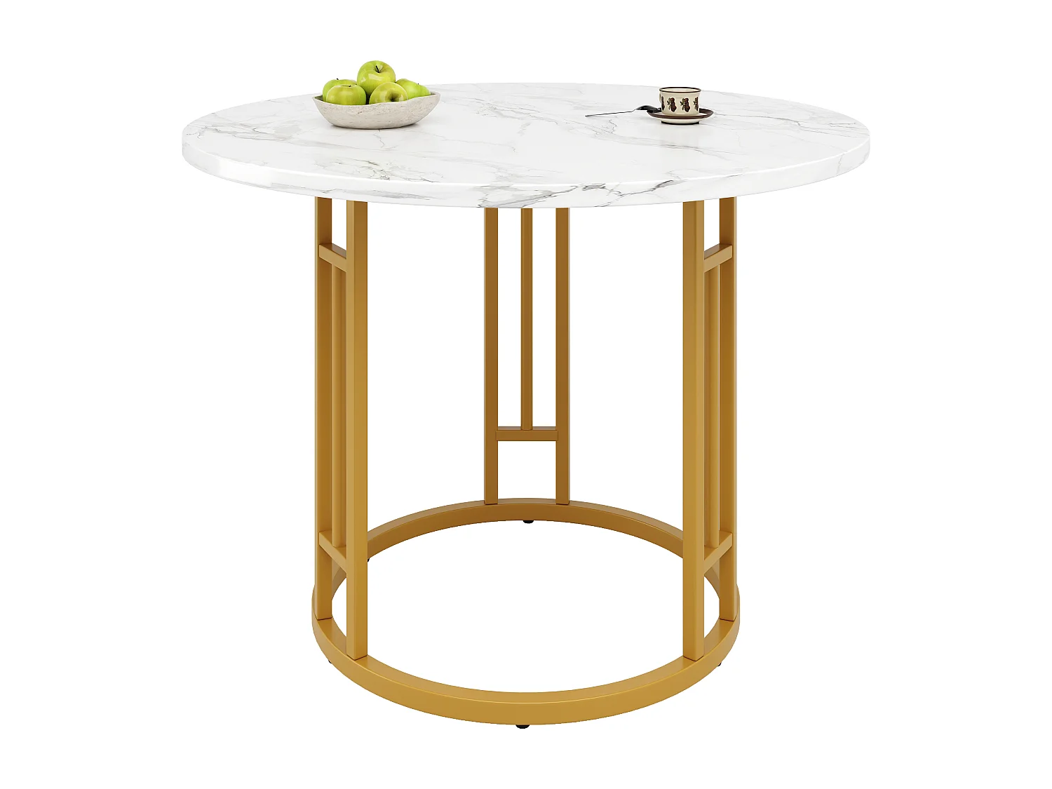 Mesa redonda 80×80×76cm MDF imitación mármol metal dorado salón cocina