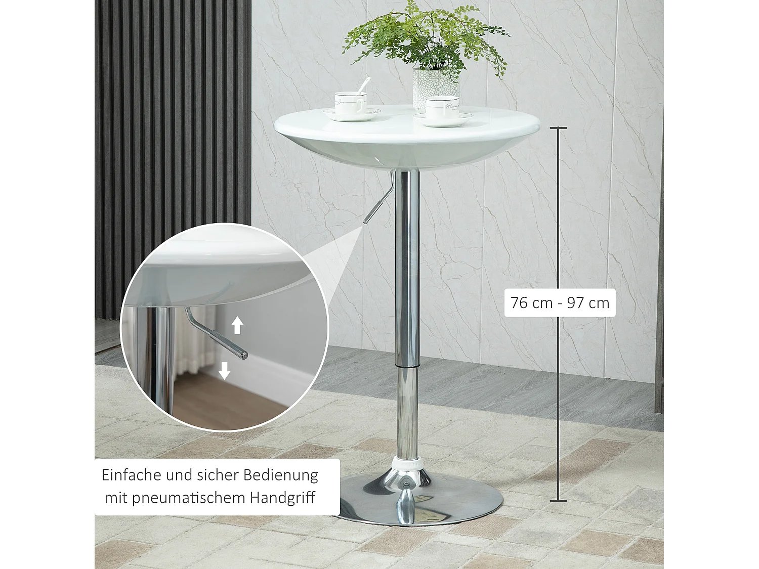 Mesa de Bar Regulable en Altura Metal ABS Moderna Ø61x76-97 cm Cocina Salón Blanco