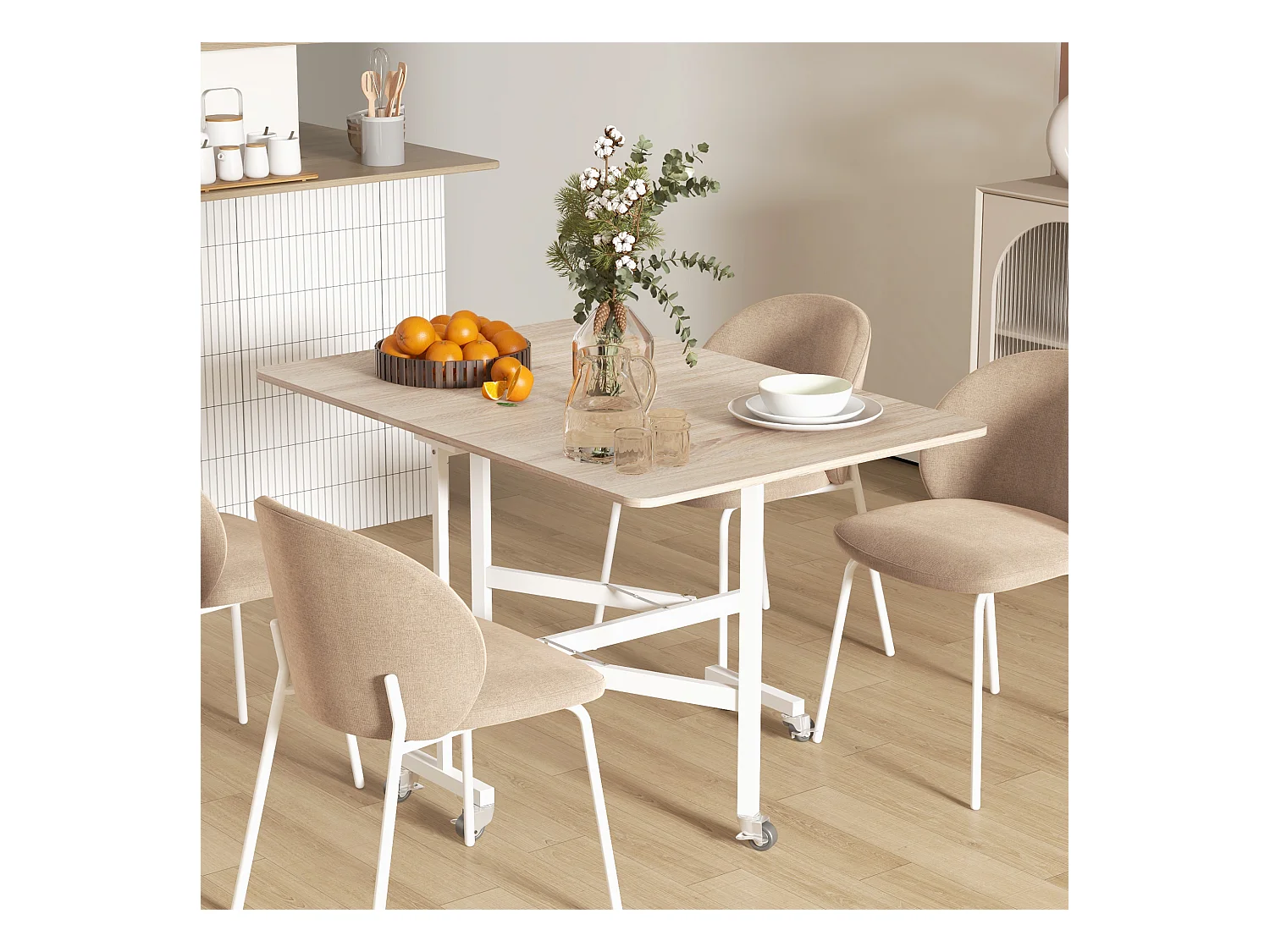 Tavolo da pranzo pieghevole in metallo e MDF con roulette per 4-6 persone, cucina per cucina