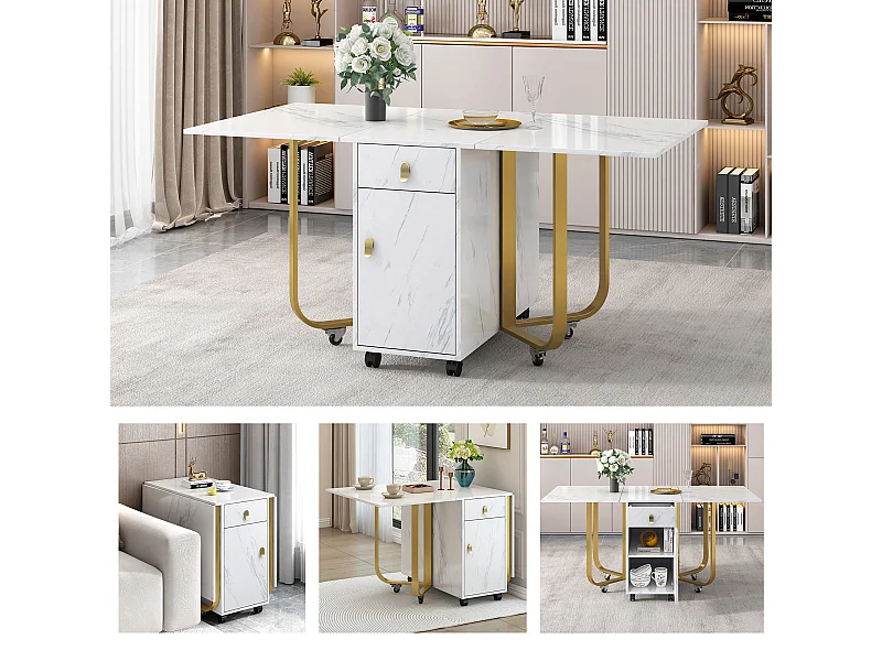 Mesa dobrável MDF metal com gavetas armazenamento cozinha sala de estar branco ouro