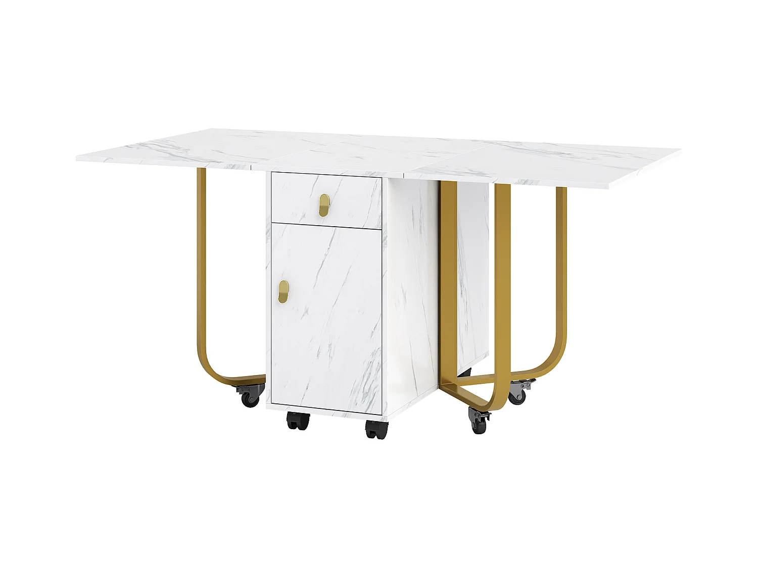 Mesa dobrável MDF metal com gavetas armazenamento cozinha sala de estar branco ouro