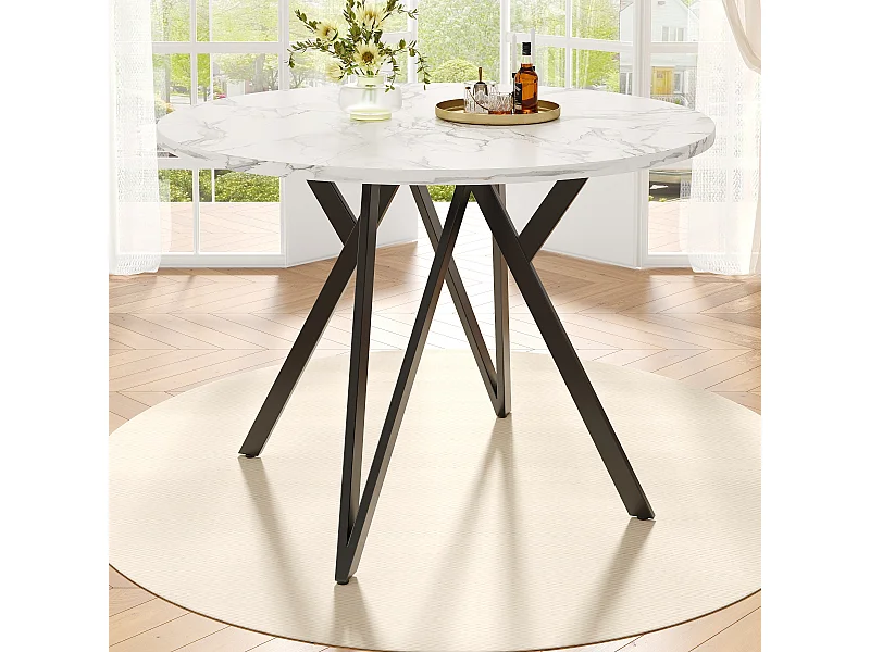 Mesa redonda 100×100×76cm MDF imitação mármore preto metal sala cozinha