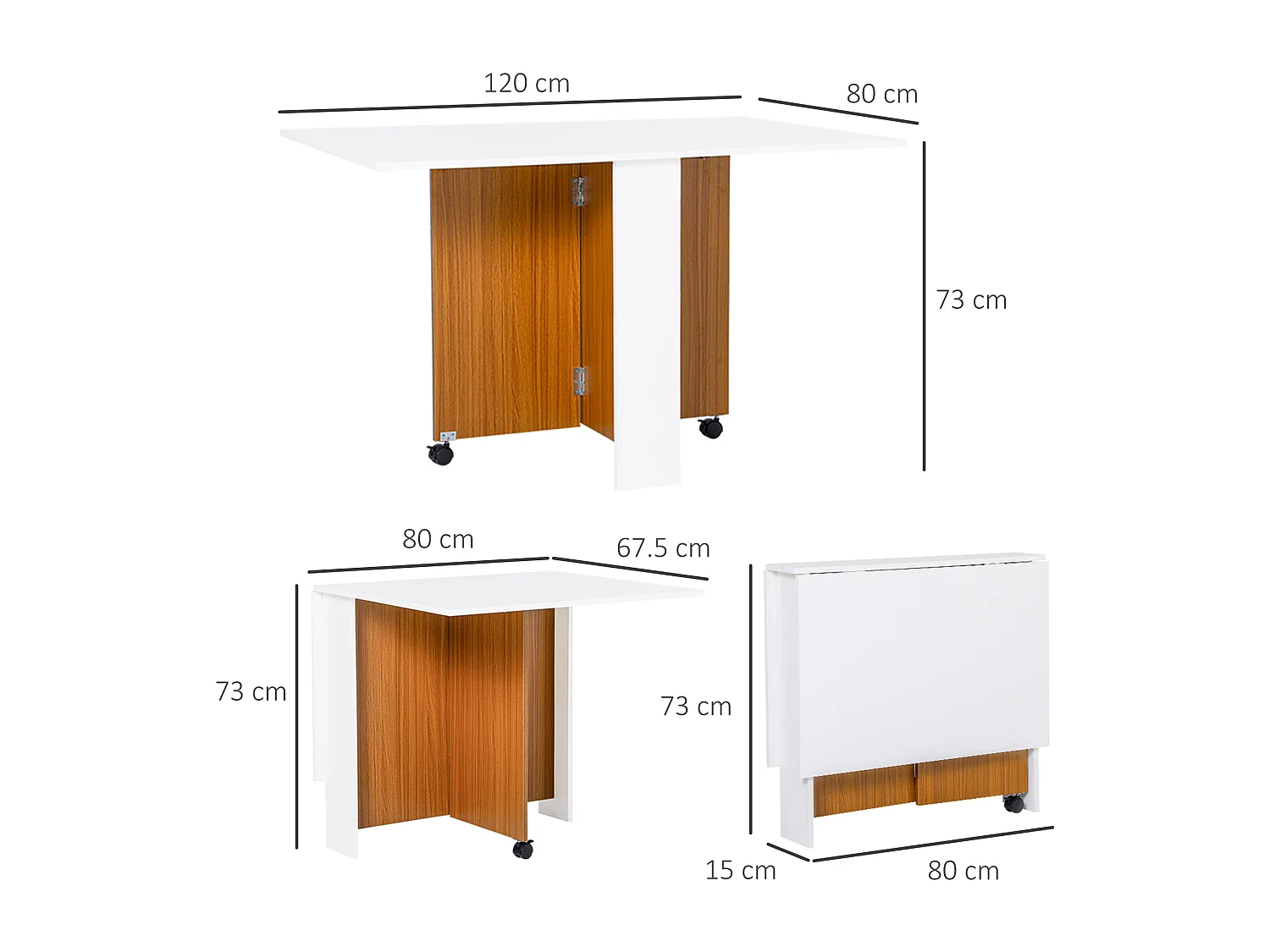 Tavolo Pliante Mobile Bois et Blanc avec Roulettes Cuisine Salle à Manger 120x80 cm