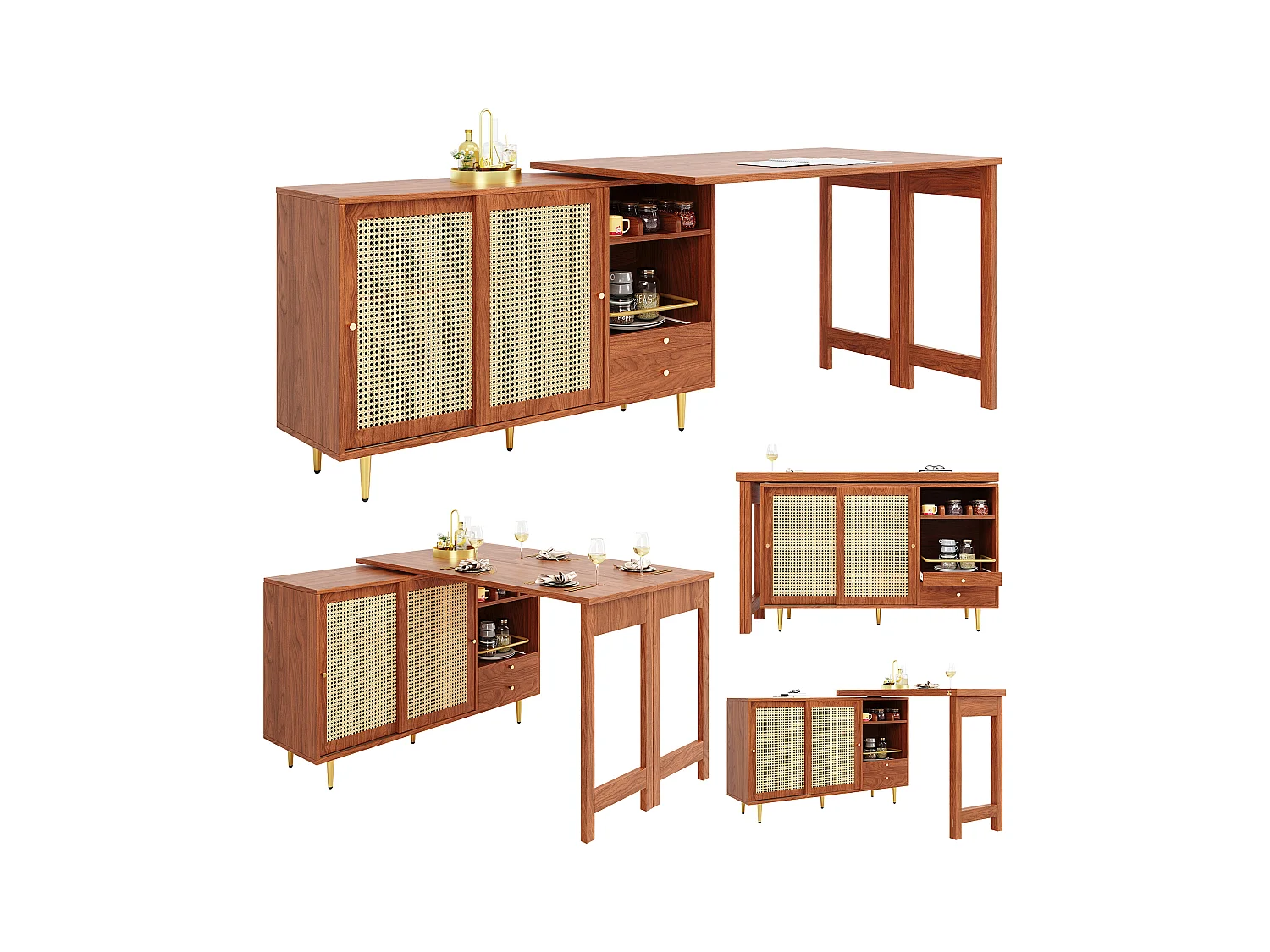 Mesa alta giratoria de MDF con almacenaje extensible para cocina y salón 107×40×71,4 cm marrón