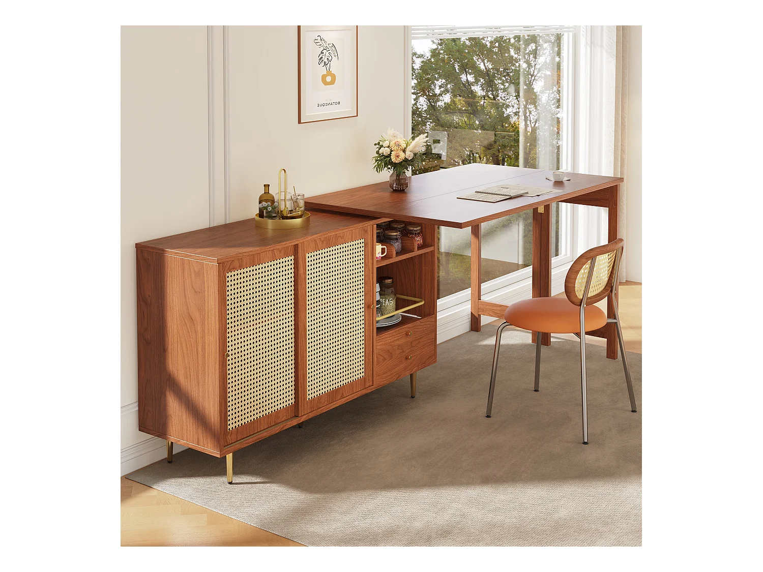 Mesa alta giratoria de MDF con almacenaje extensible para cocina y salón 107×40×71,4 cm marrón