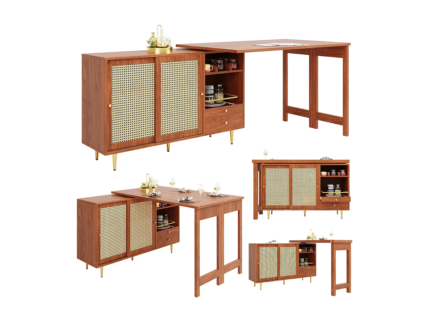 Mesa alta giratória em MDF com armazenamento extensível para cozinha e sala de estar 107×40×71,4 cm marrom