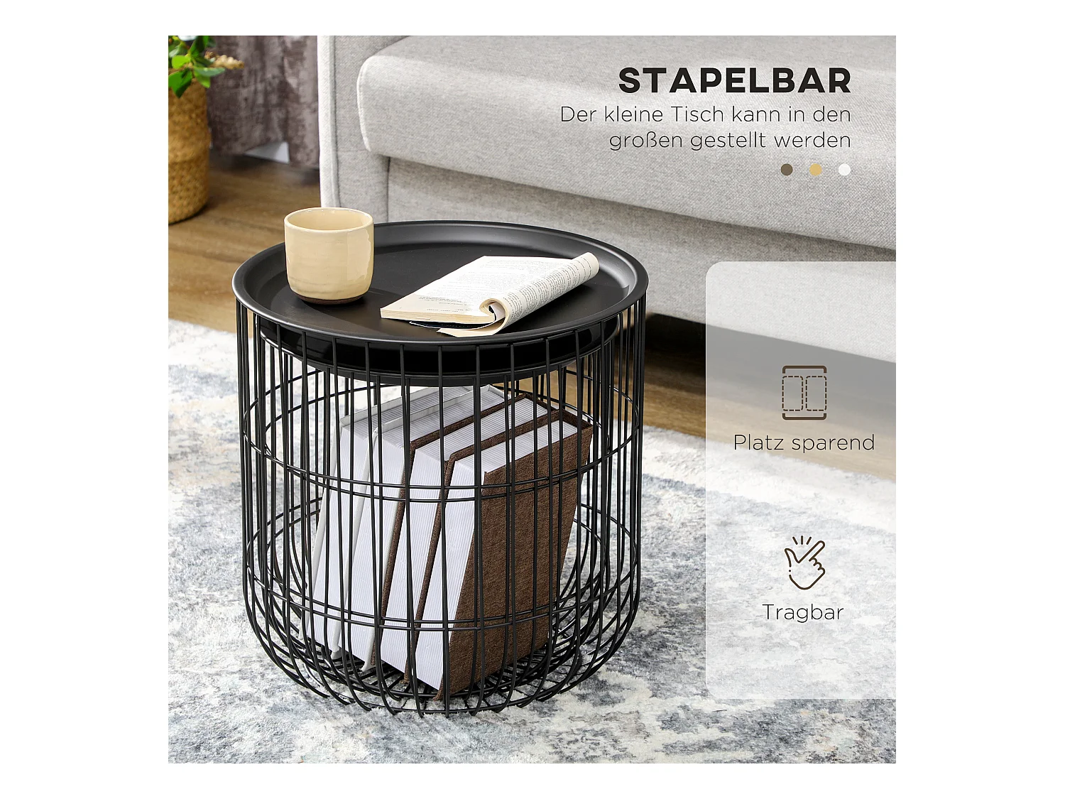 Conjunto de 2 mesas de centro redondas de metal negro estilo escandinavo multifuncional para salón con almacenaje