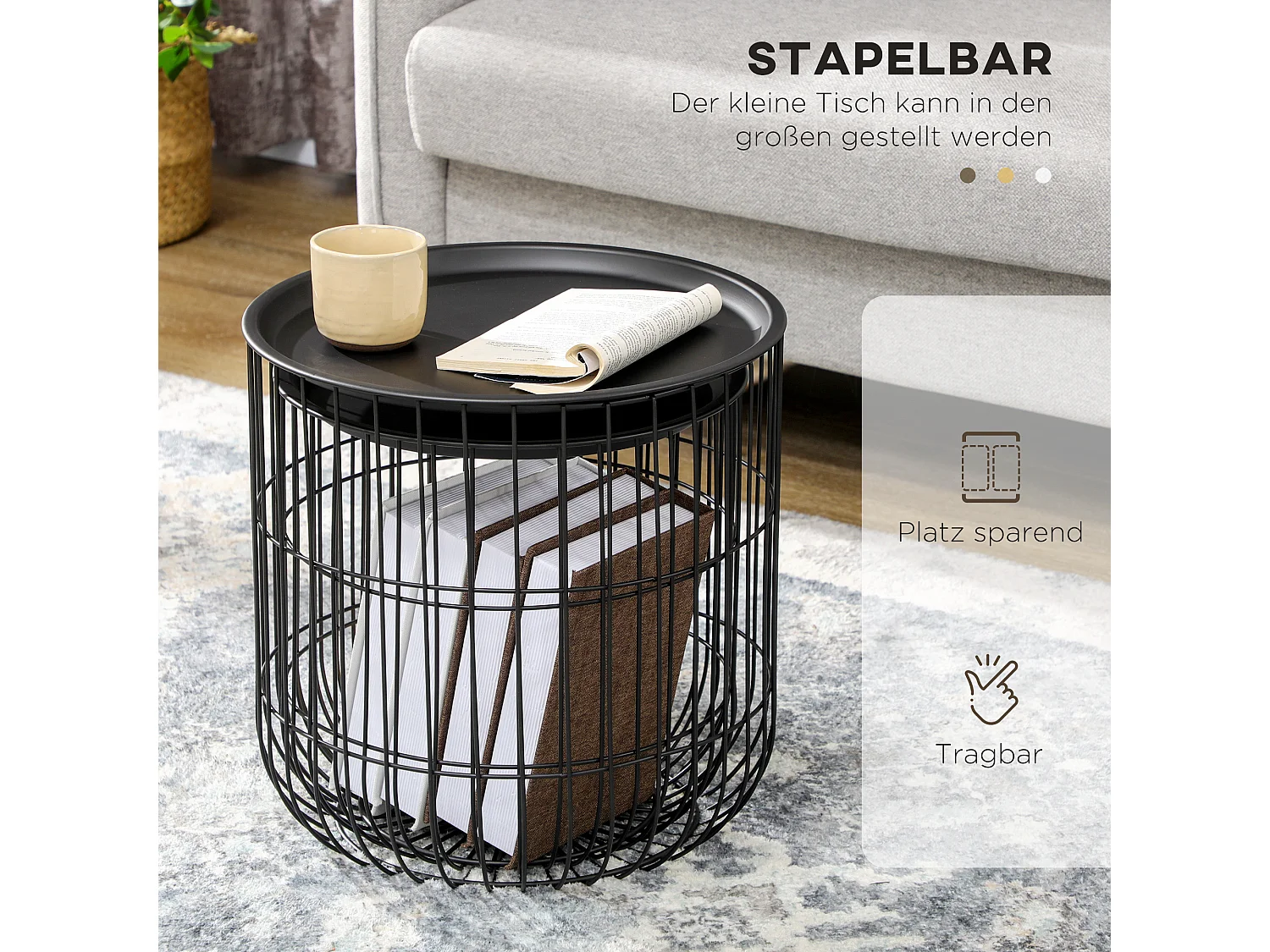 Conjunto de 2 mesas de centro redondas de metal negro estilo escandinavo multifuncional para salón con almacenaje