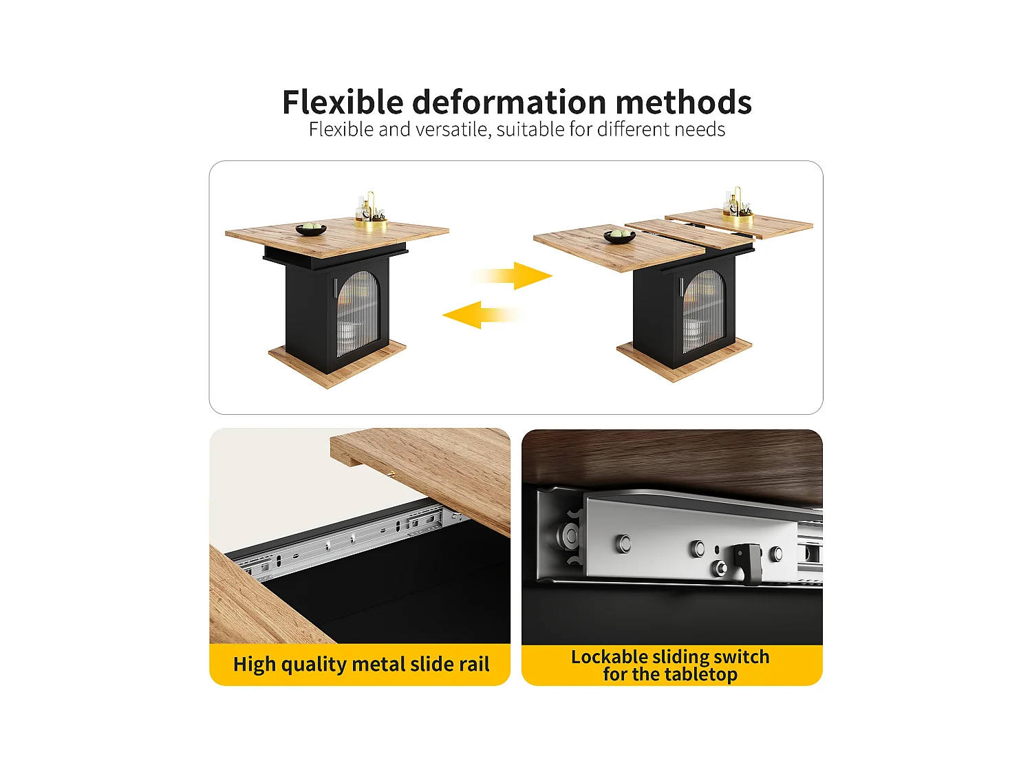 Mesa extensível de MDF com prateleiras de 3 níveis para cozinha e sala de estar 110-140×80cm natural e preto