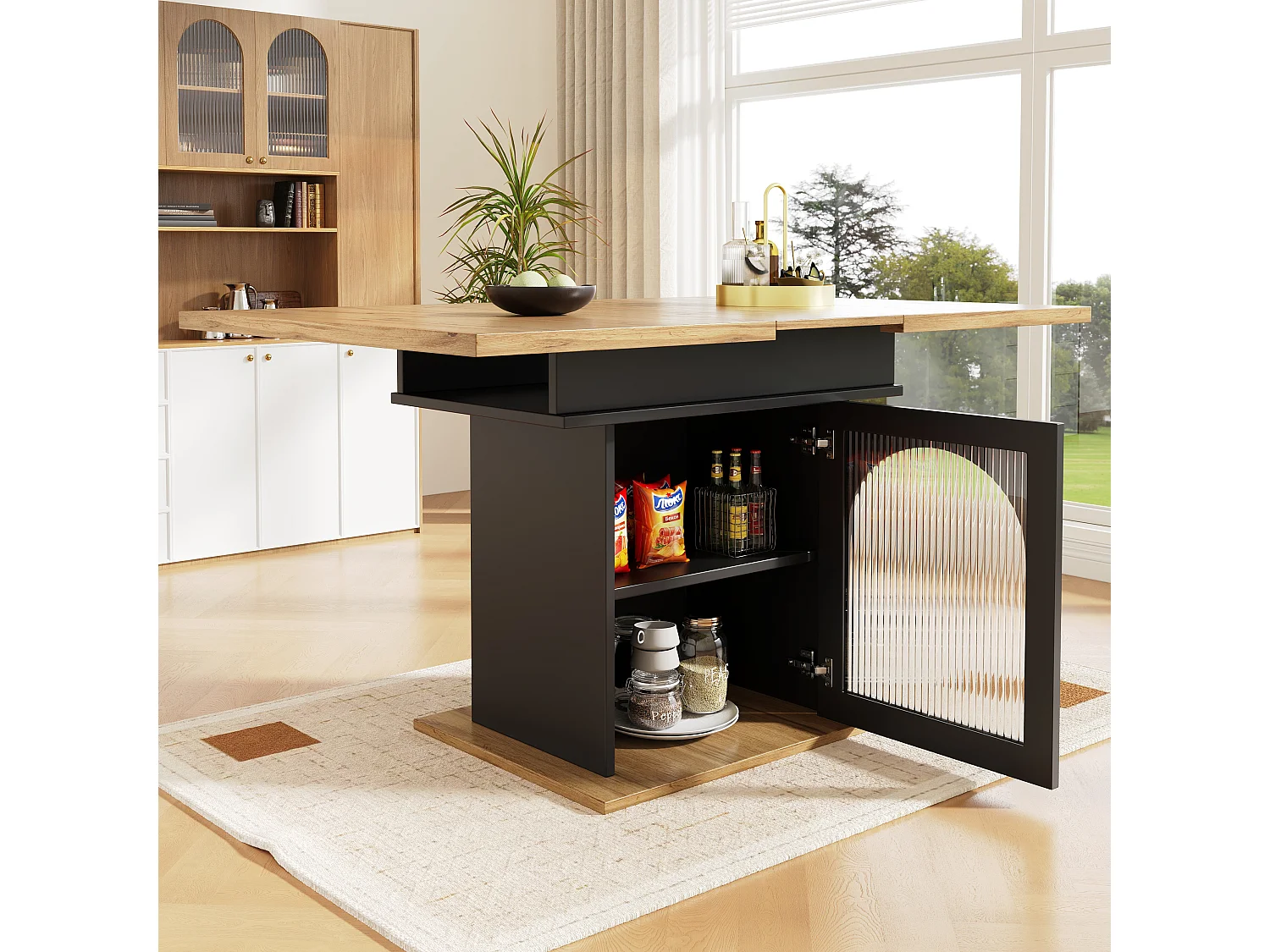 Mesa extensible de MDF con 3 estantes para cocina y salón 110-140×80cm natural y negra