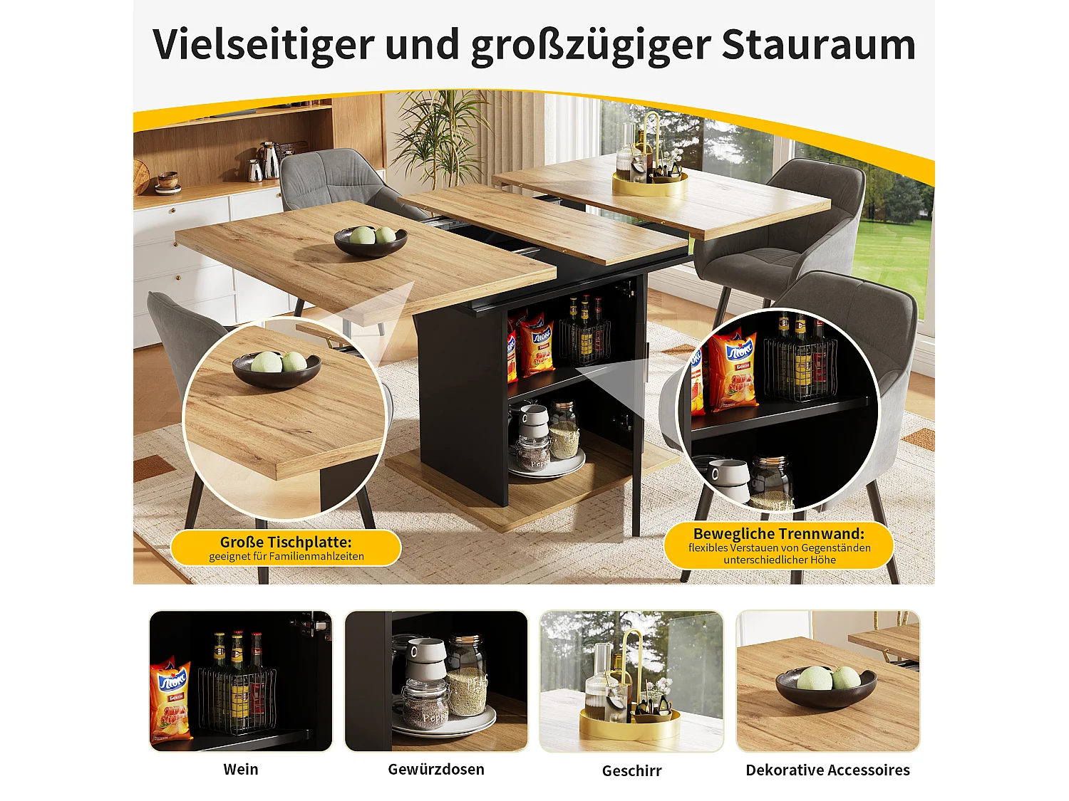 Mesa extensible de MDF con 3 estantes para cocina y salón 110-140×80cm natural y negra