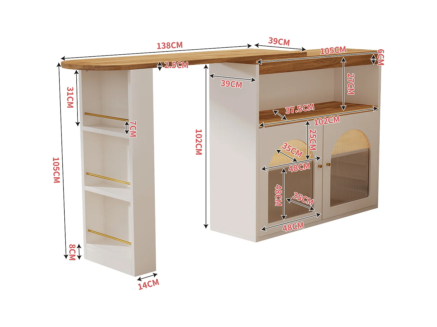 Tavolo bar allungabile 138-193 cm MDF metallo con LED rangement blanc moderne