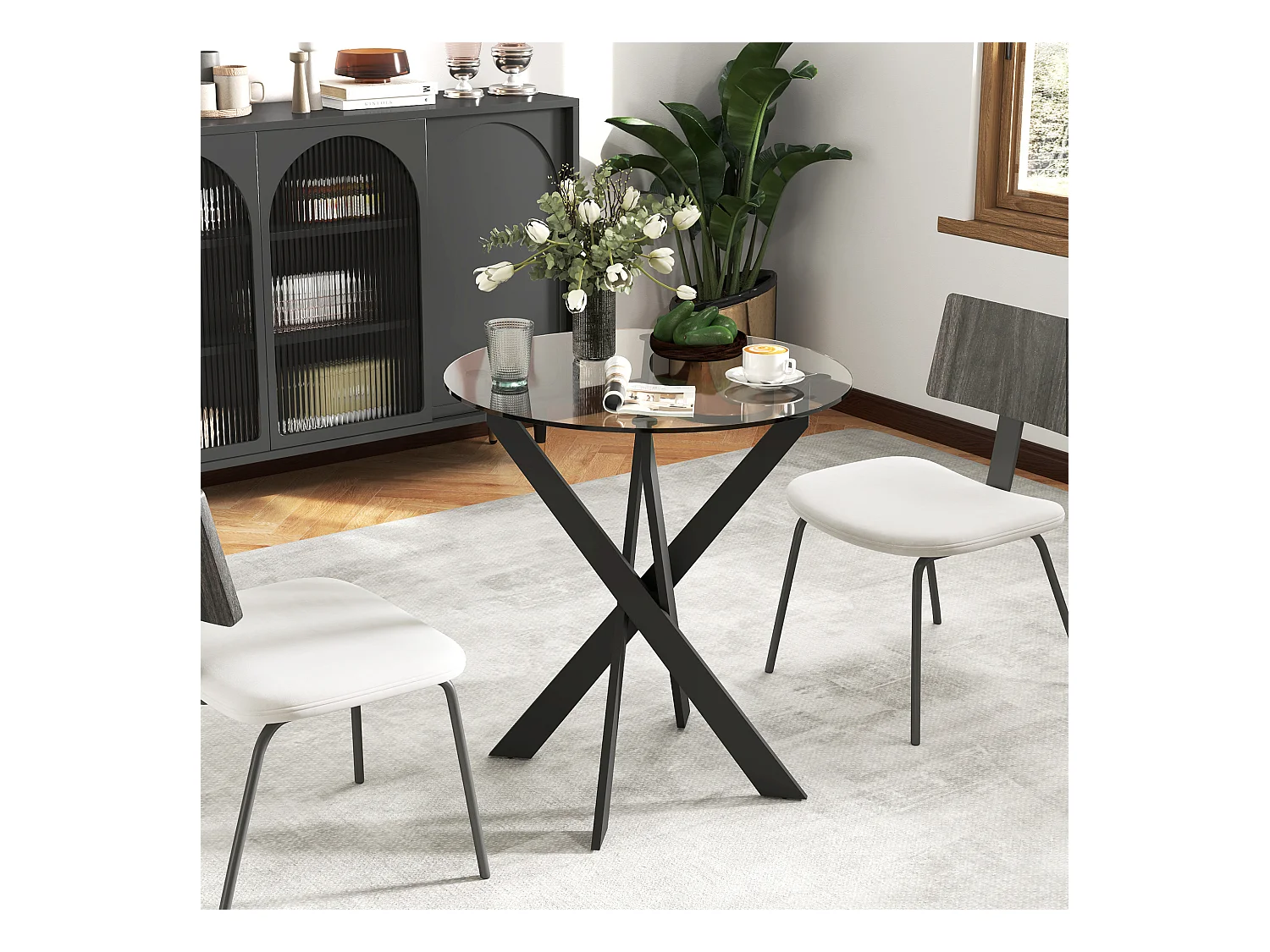 Mesa redonda de cristal templado de metal para 4 personas, para cocina y comedor, Ø70 x 75 cm, color negro