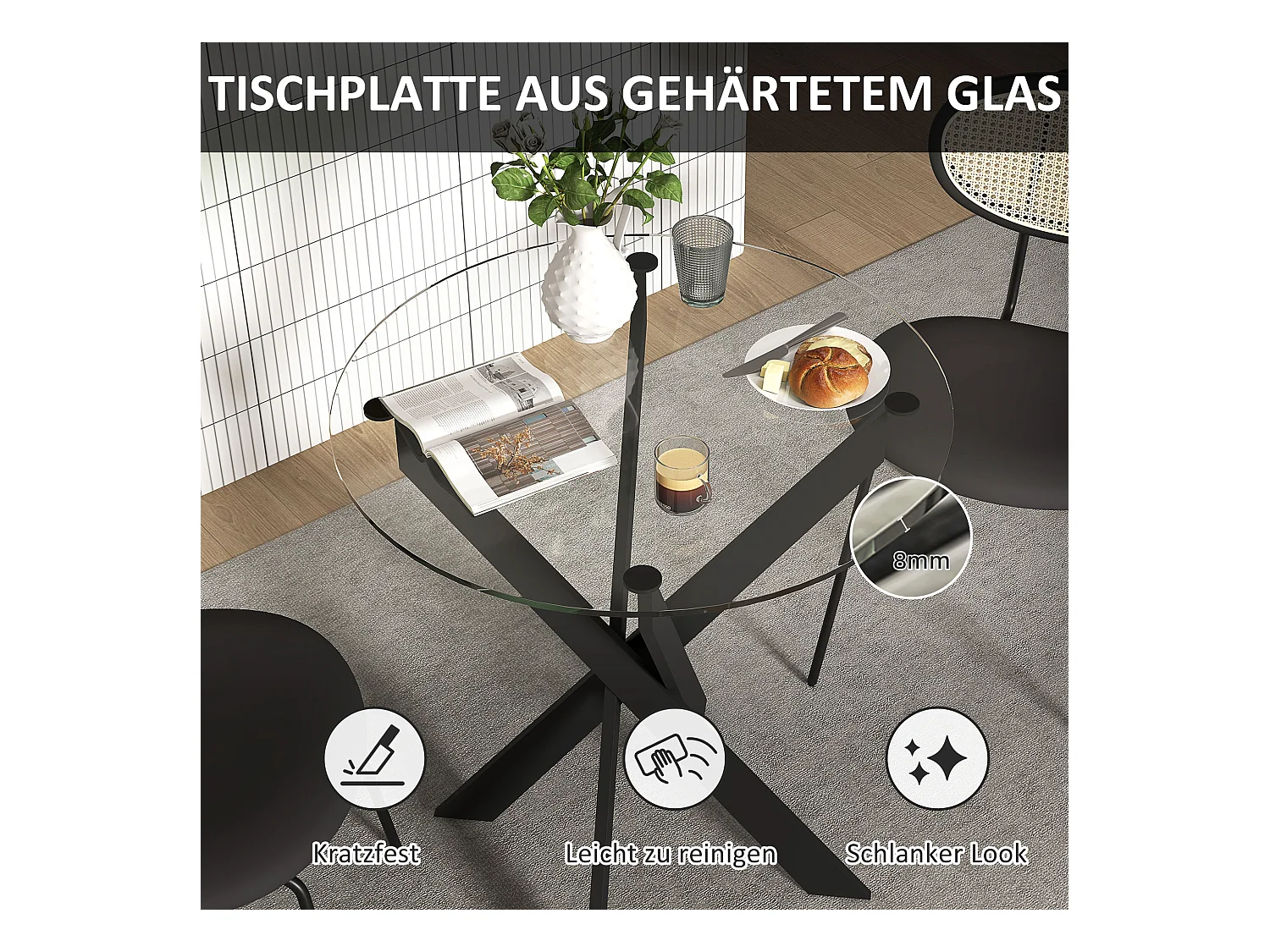 Mesa redonda de cristal templado de metal para 4 personas, para cocina y comedor, Ø70 x 75 cm, color negro